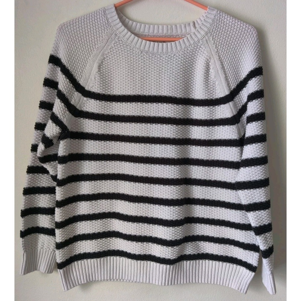 Ann Taylor Loft Petite Women's LP White/Black Stripe Pullover Cotton Sweater